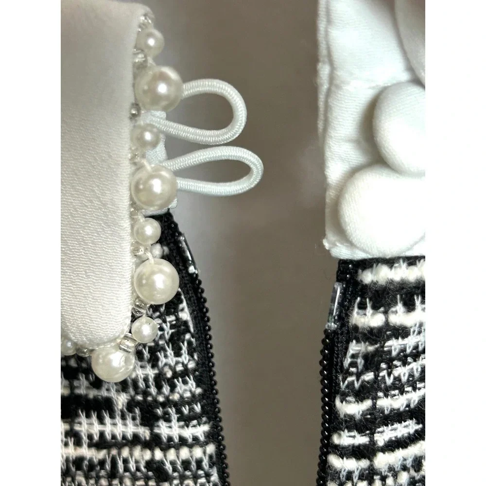 Karl Lagerfeld Paris Tweed Mini Dress Black Whte Faux Pearl Short Puff Sleeve 12 - Picture 12 of 16